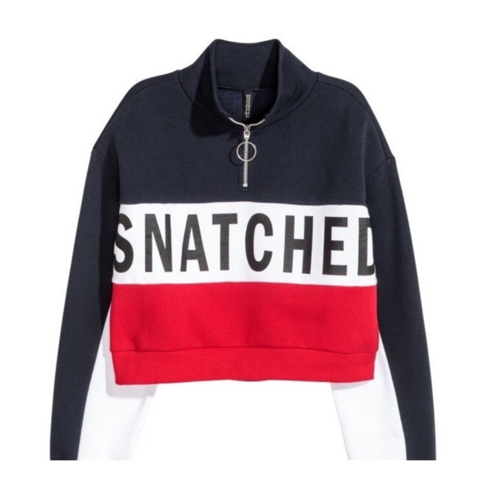 "Snatched" Divided Cropped Sweatshirt Red White Blue 1/4 Zip Women's H&M Sz Med‎